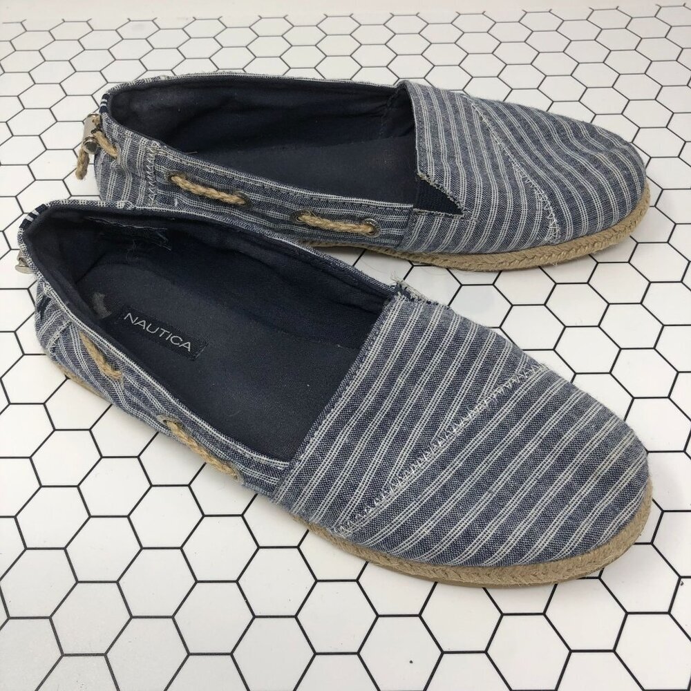 Nautica Womens Espadrilles Size 8.5 Blue Striped Canvas Rope Accent Rudder Shoes